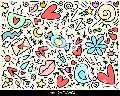 Love and date doodle colorful hand drawn pattern with bird, heart, flowers and crown. Happy Valentine`s Day illustration background Stock Vector